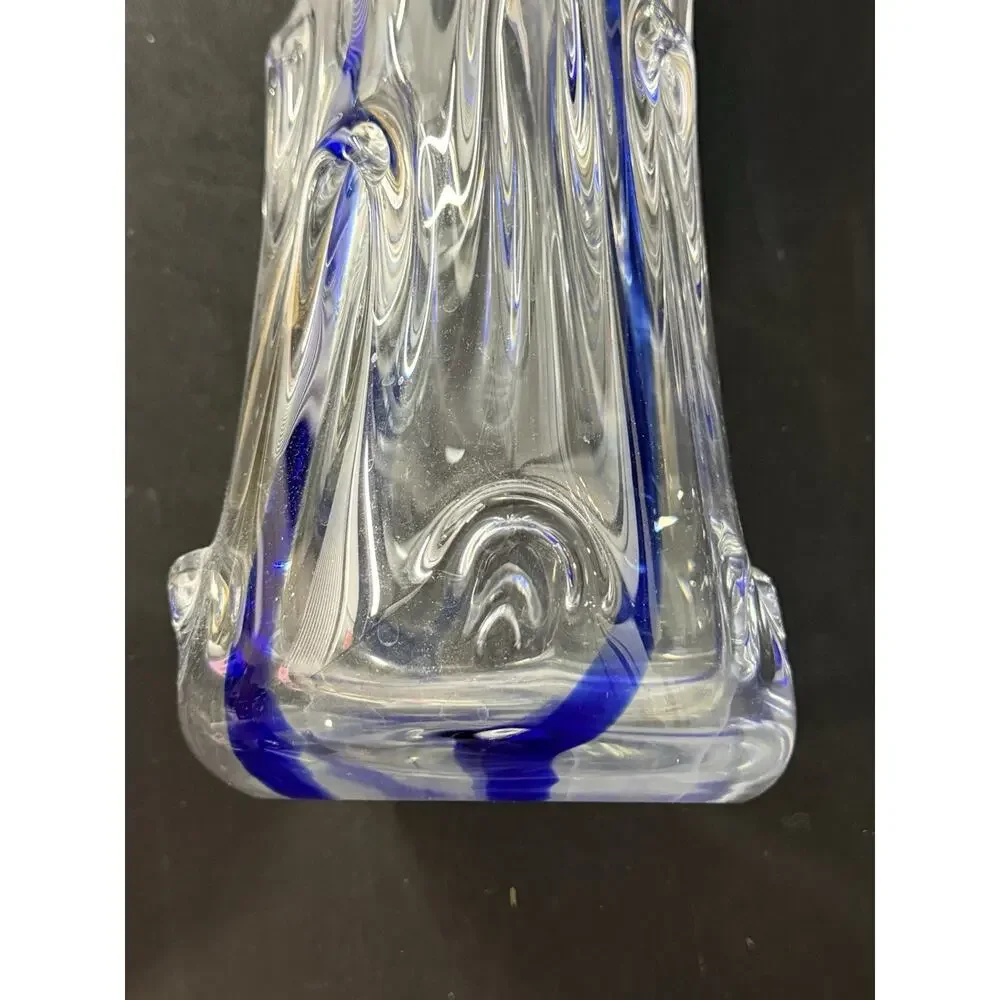 Heavy Art Glass Vase with Cobalt Blue Stripe – 10” Tall
